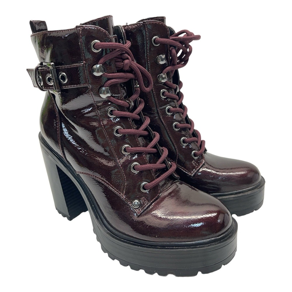 GBG Sammi Platform Combat Boots Women 6M Burgundy Patent Leather Lace Up